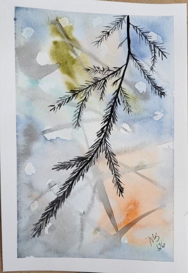 Pine branch watercolor painting