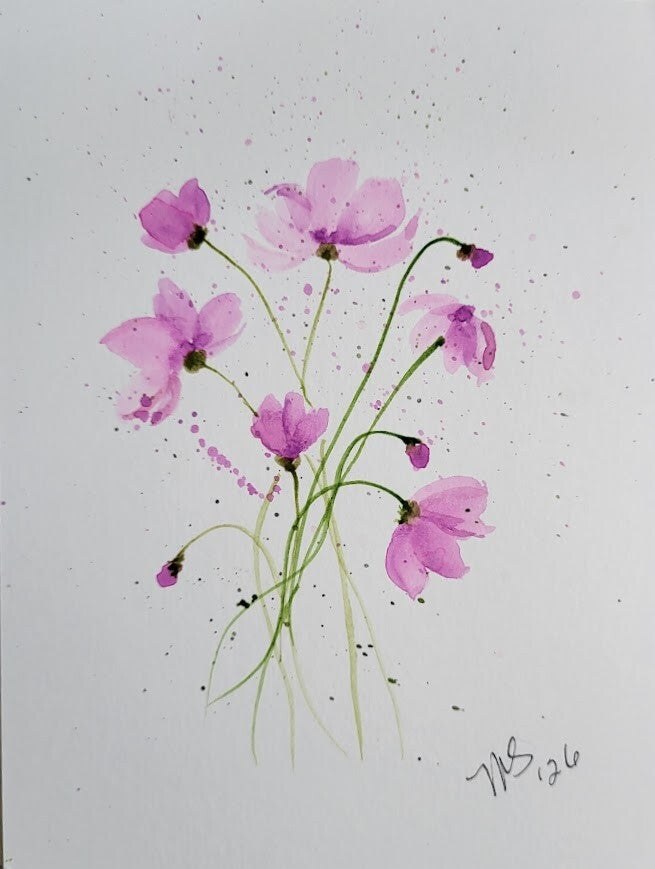 Pine and flowers watercolor painting