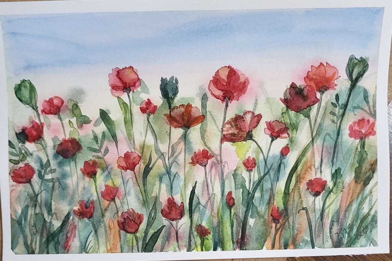 Poppy field watercolor painting