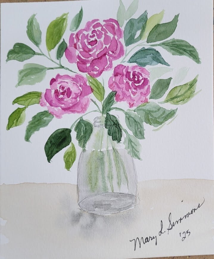 Roses in jar watercolor painting