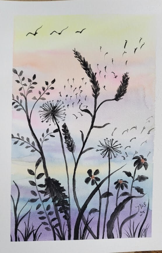 Dandelion and flowers watercolor painting