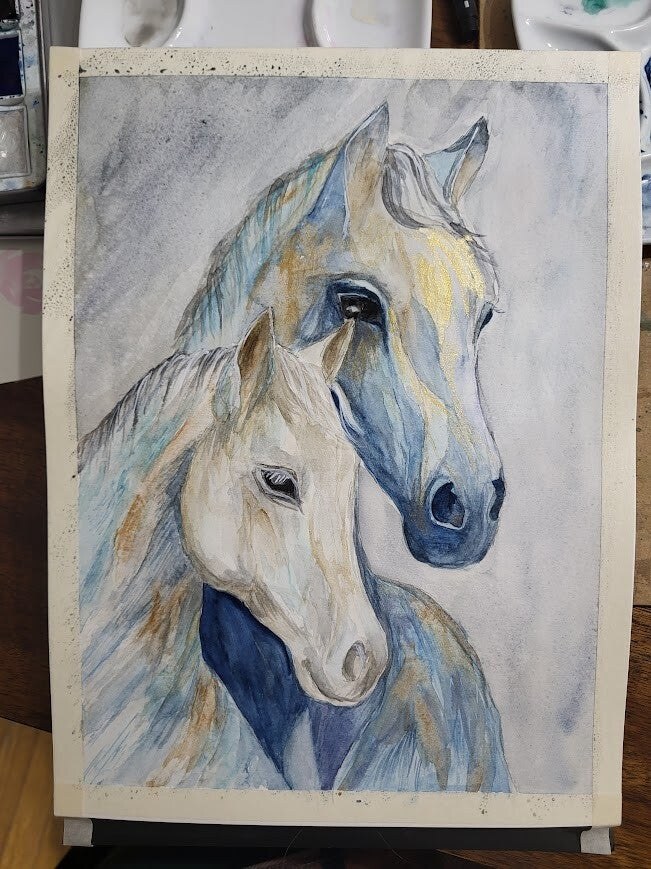 Horse watercolor painting in blue and gold