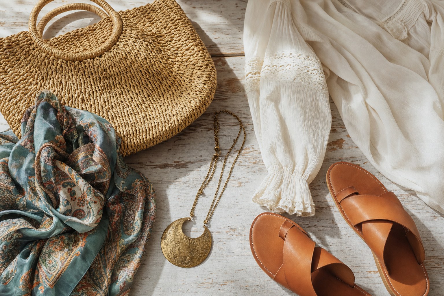 Woven bag, patterned scarf, brass pendant, leather sandals, and a cream blouse sleeve