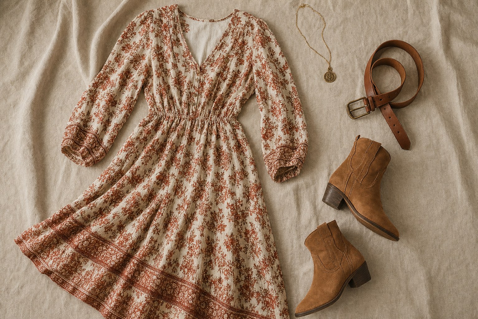 Floral dress, leather ankle boots, a worn belt, and a pendant necklace arranged on linen