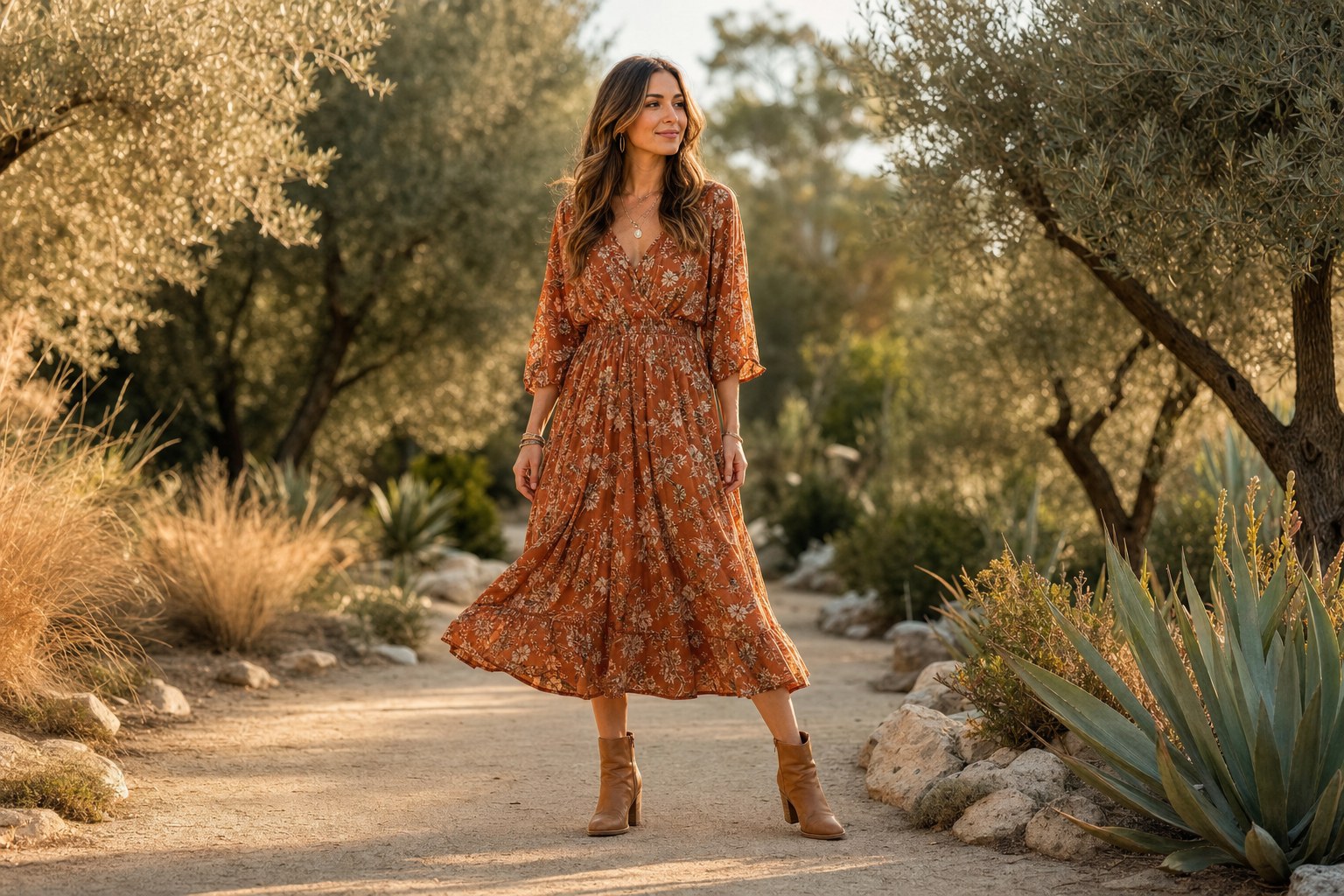 Woman in a rust floral dress and ankle boots on a sunlit garden path