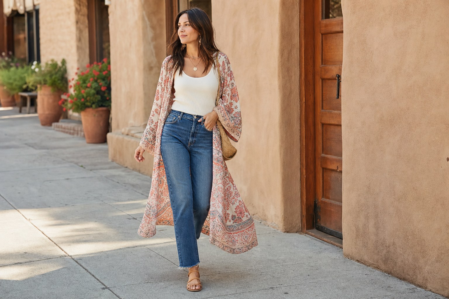 Woman in straight-leg denim and an ivory top layered with a printed kimono