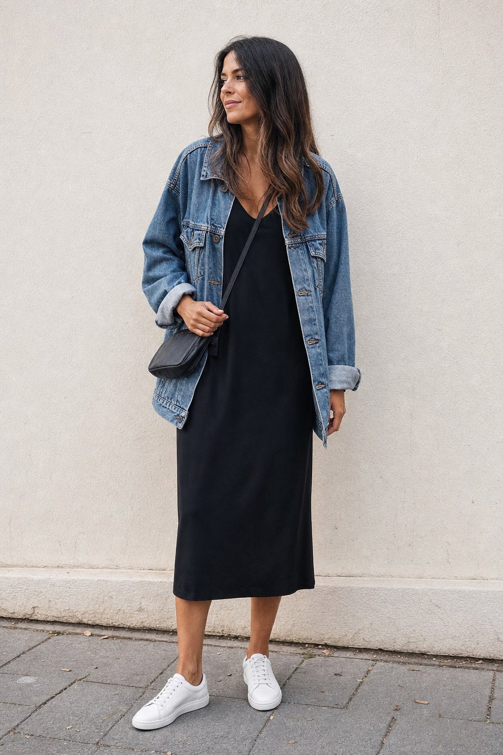 Black midi dress styled casually with an oversized medium-blue denim jacket and white sneakers