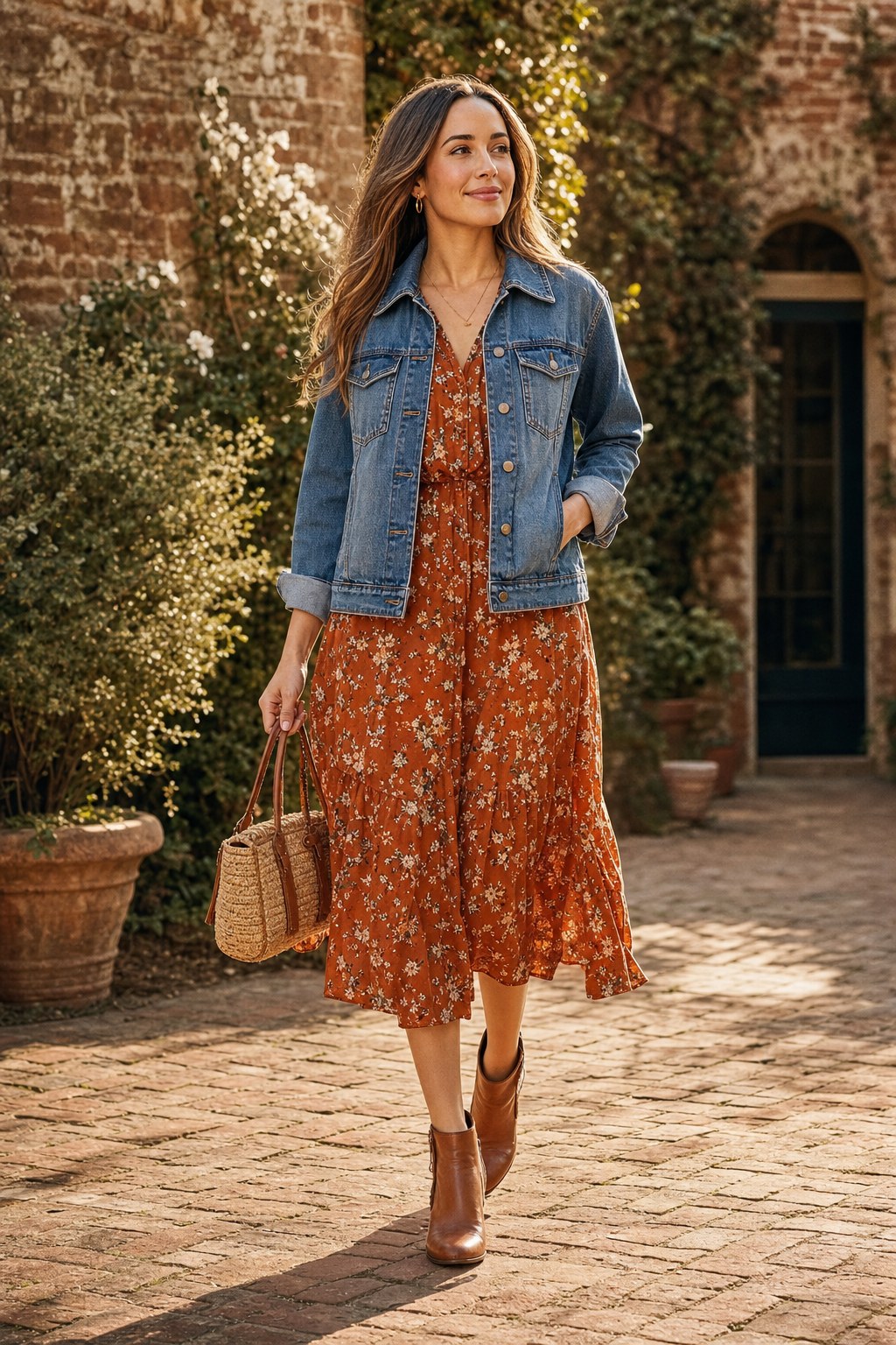 Floral midi dress styled with a medium-wash denim jacket, ankle boots, and a woven bag