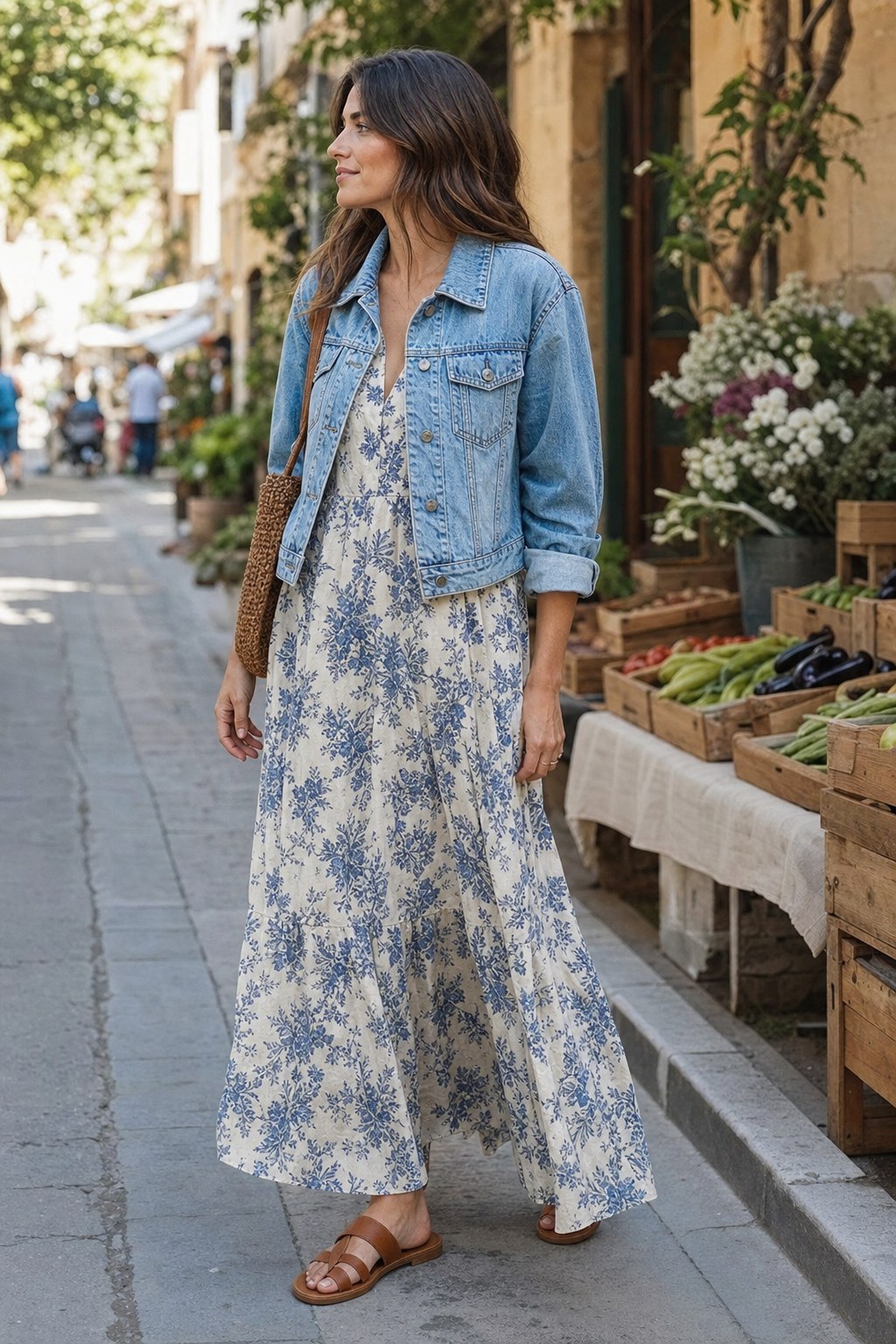 Cream and blue floral maxi dress styled with a cropped light-wash denim jacket and leather sandals