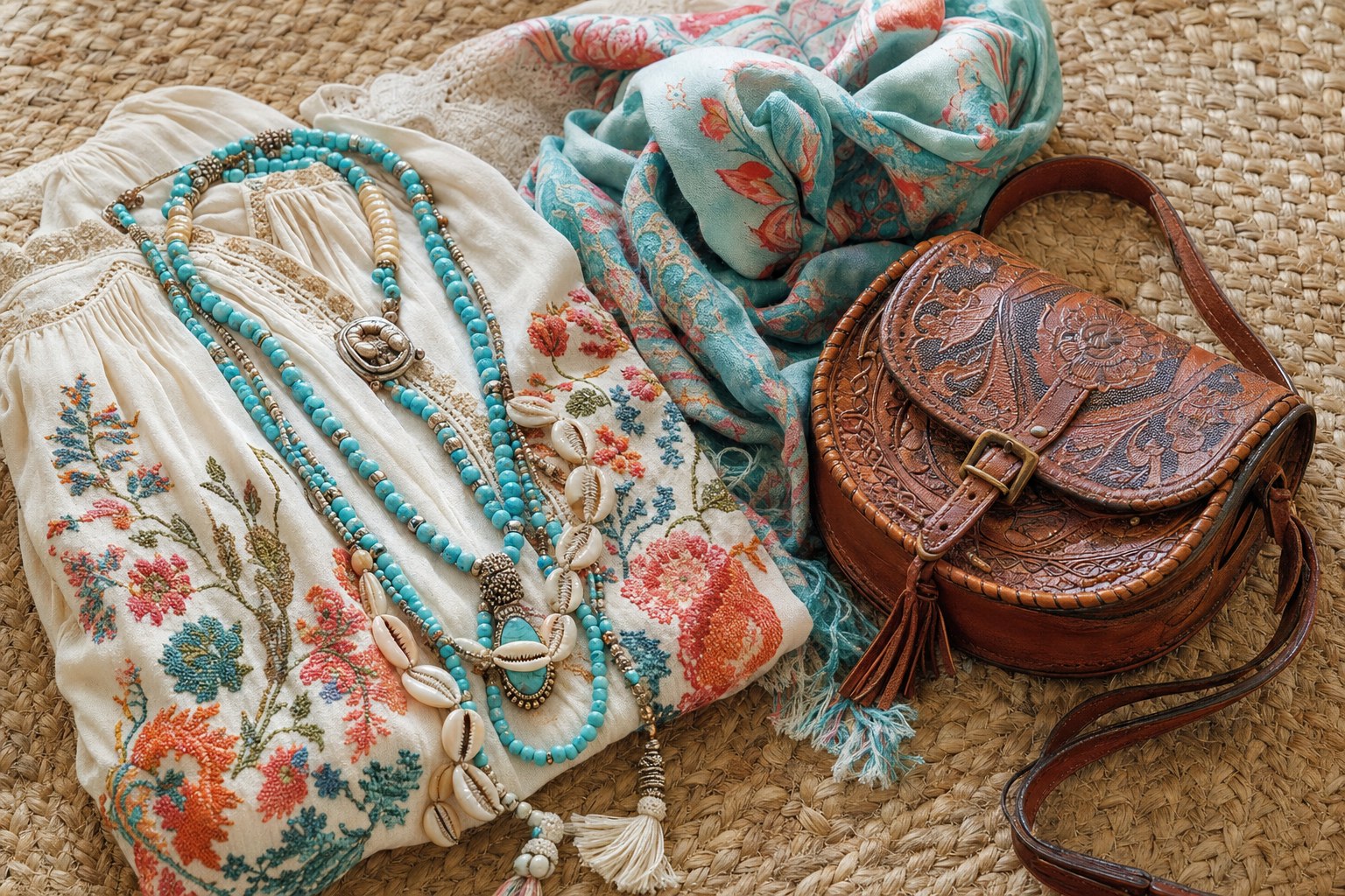 Turquoise and shell jewelry, embroidered fabric, floral scarf, and textured leather bag