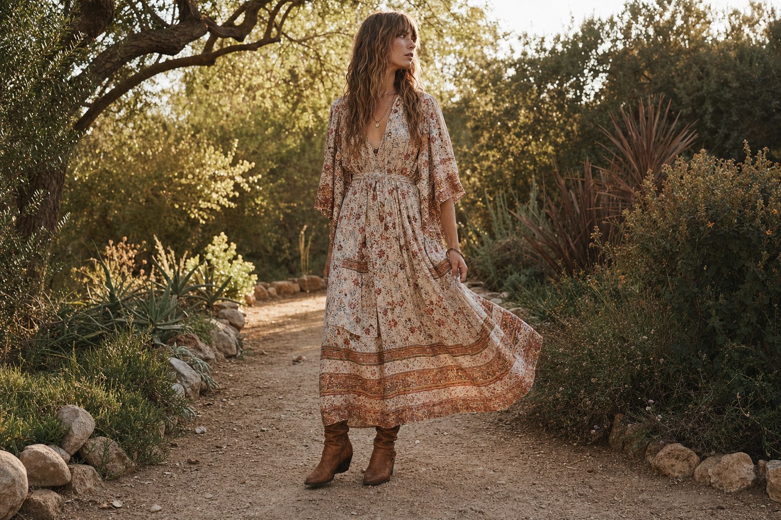 Woman wearing a flowing floral maxi dress and boots outdoors
