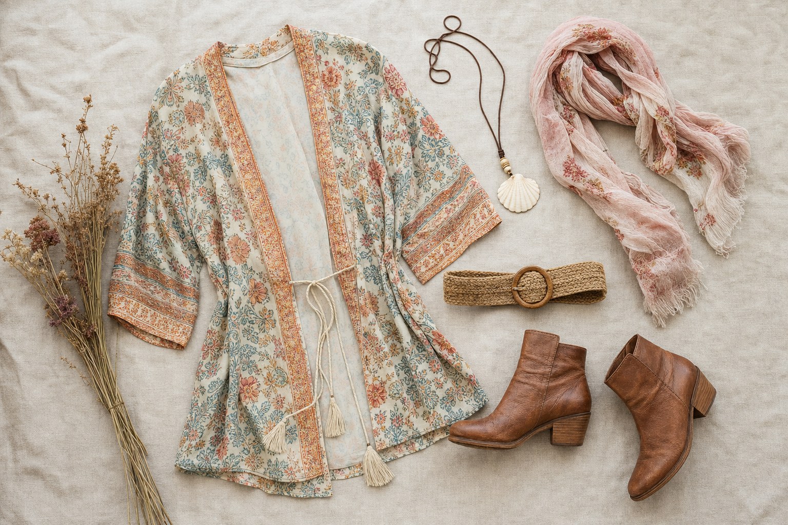 Floral kimono, scarf, shell necklace, woven belt, and leather boots arranged on linen