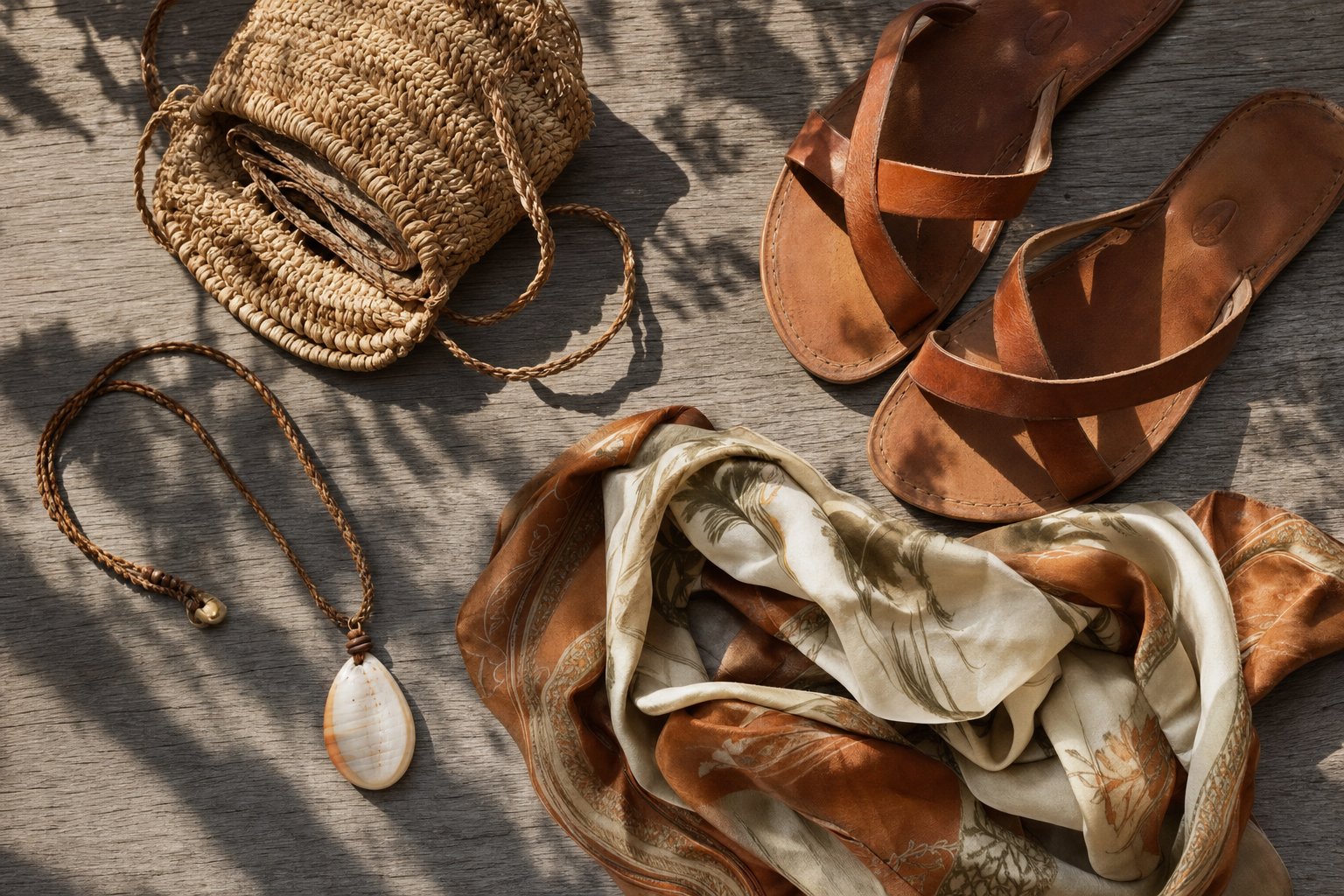 Woven bag, leather sandals, shell pendant, and patterned scarves on weathered wood