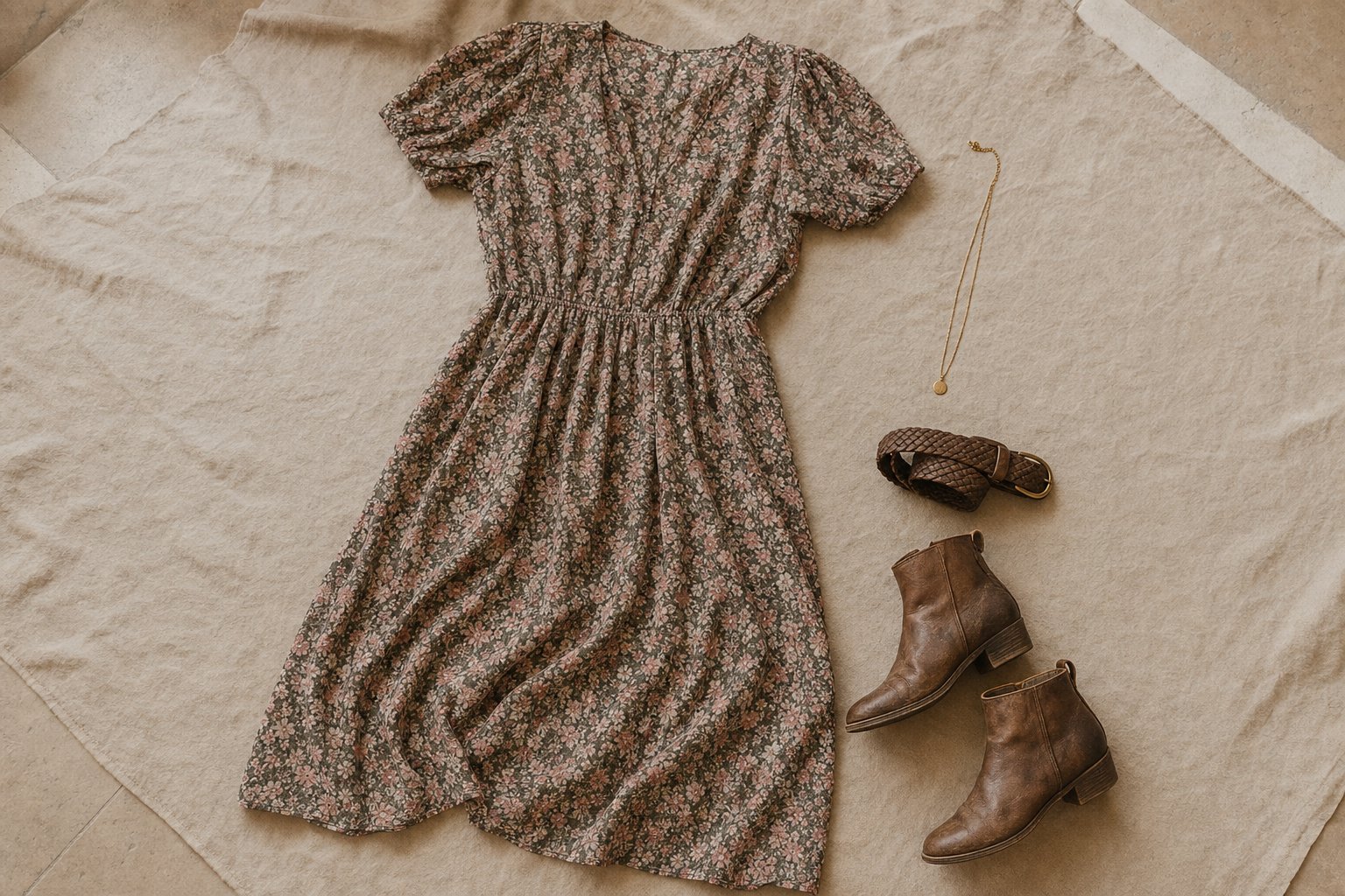 Floral dress, leather ankle boots, woven belt, and pendant arranged on linen