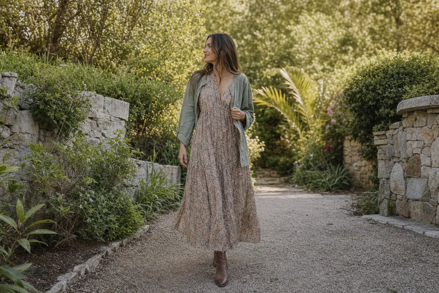 Woman in a patterned maxi dress and boots on a garden path