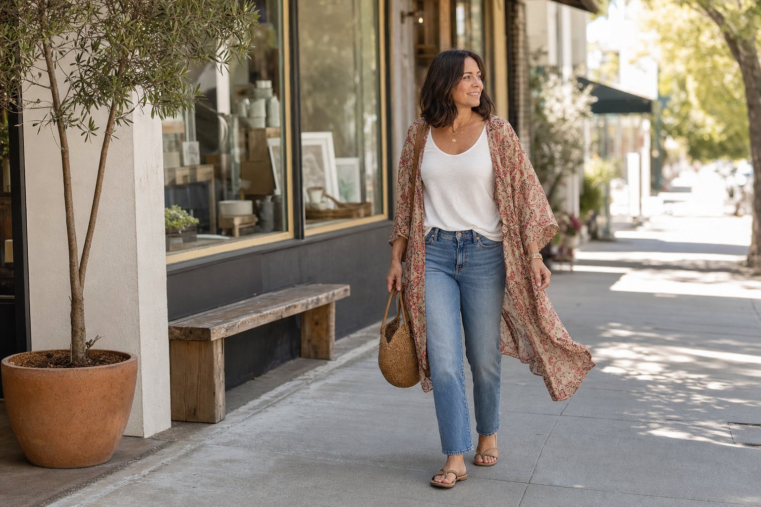 Woman wearing jeans, a simple white top, and a printed kimono on a sidewalk