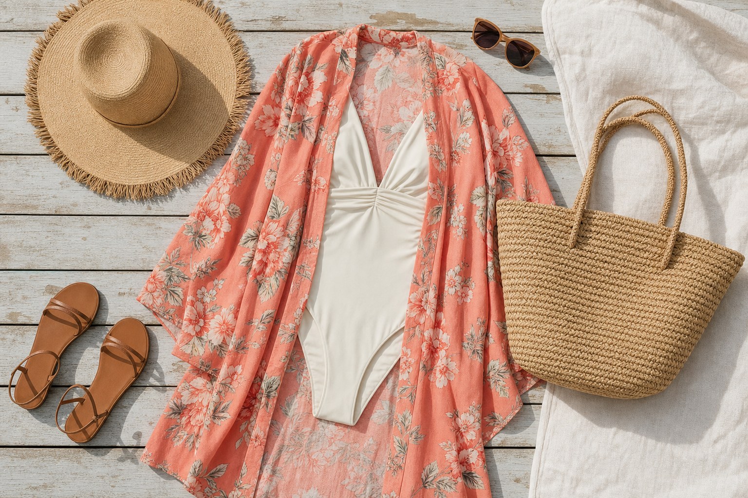 Coral floral kimono cover up layered over an ivory swimsuit with sandals, a straw hat, and woven tote