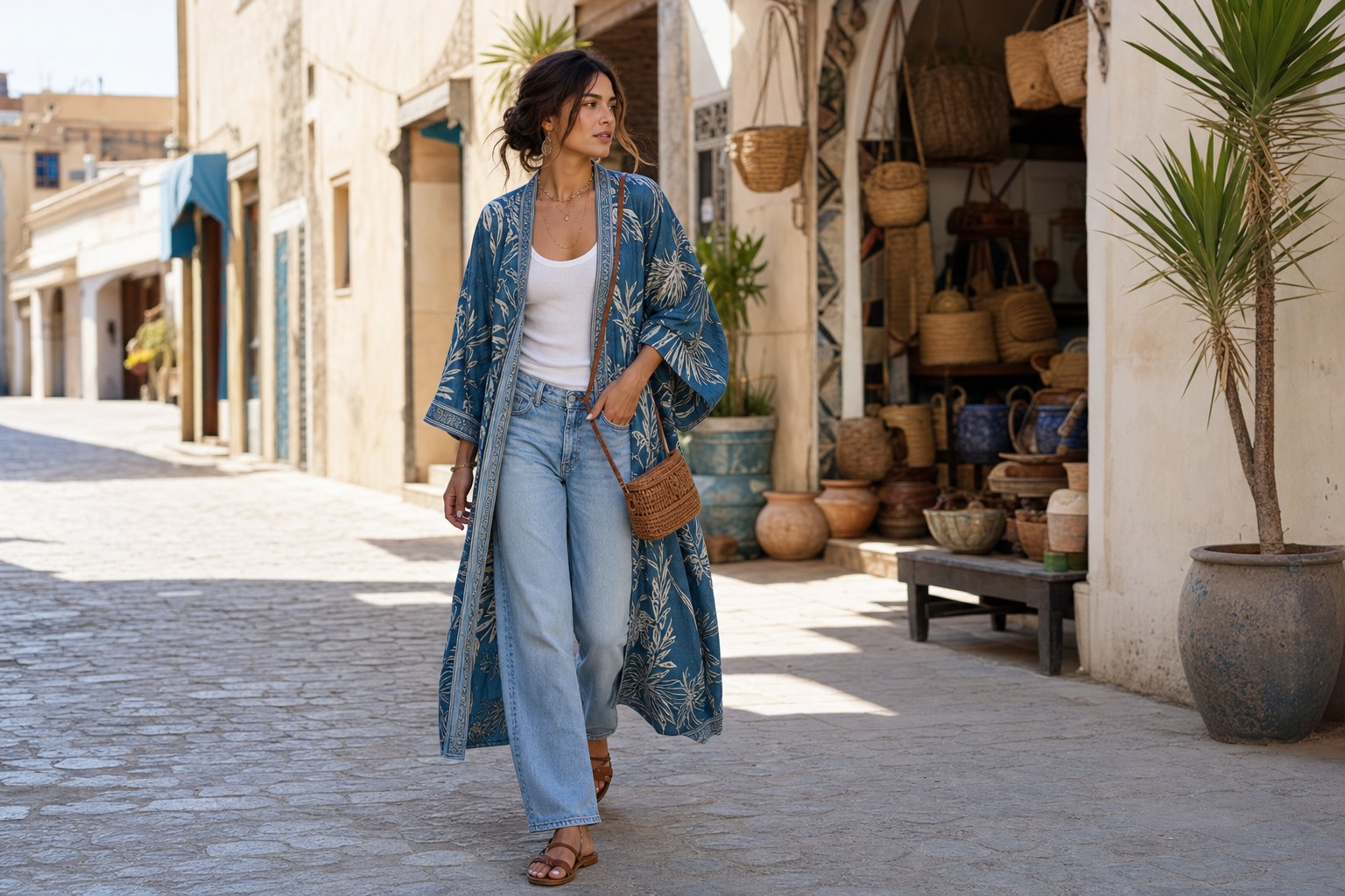 Blue botanical kimono cover up styled with a white tank, light-wash jeans, leather sandals, and a woven bag