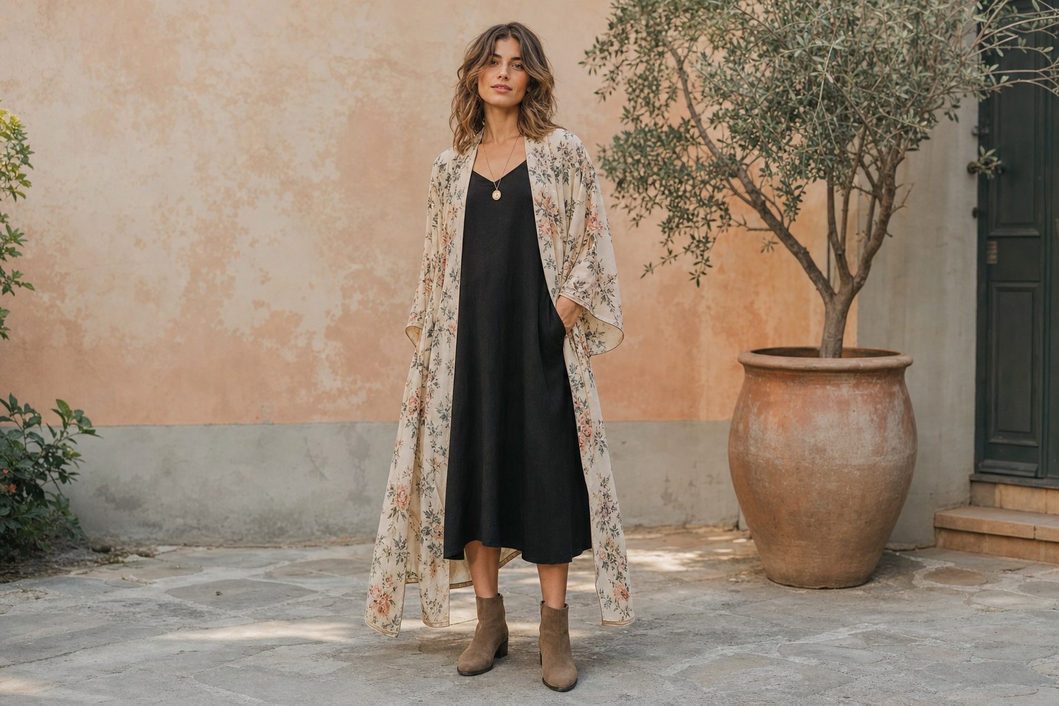Long floral kimono cover up worn over a black midi dress with ankle boots in a sunlit courtyard