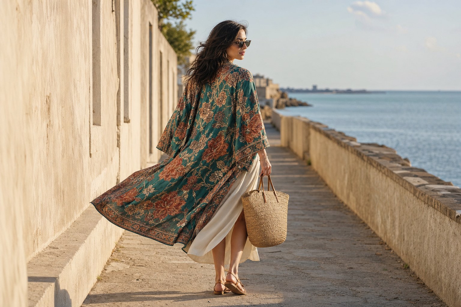Woman in a teal floral kimono cover up walking beside the sea with a woven tote