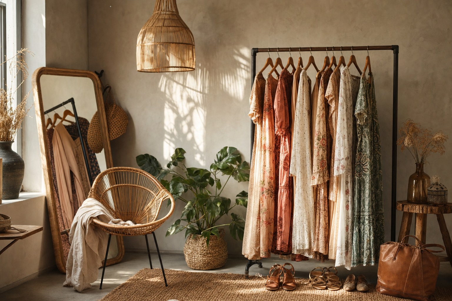 Bohemian dresses and accessories in a sunlit studio
