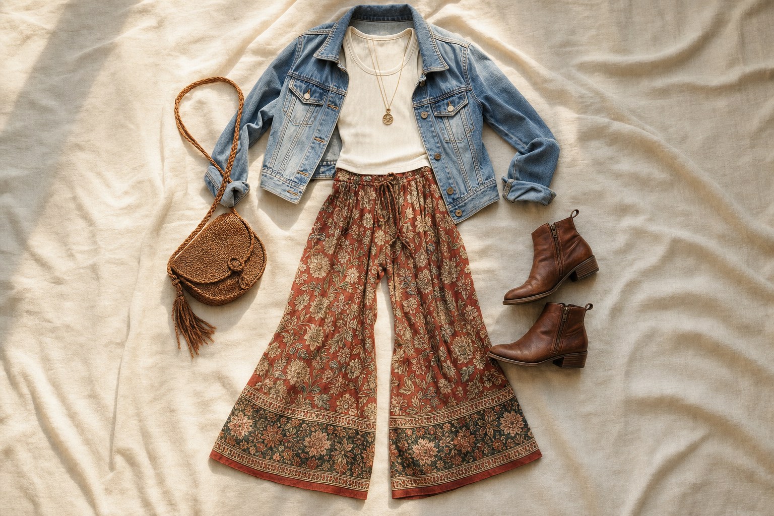Floral wide leg pants styled with an ivory tank, denim jacket, boots, and woven bag