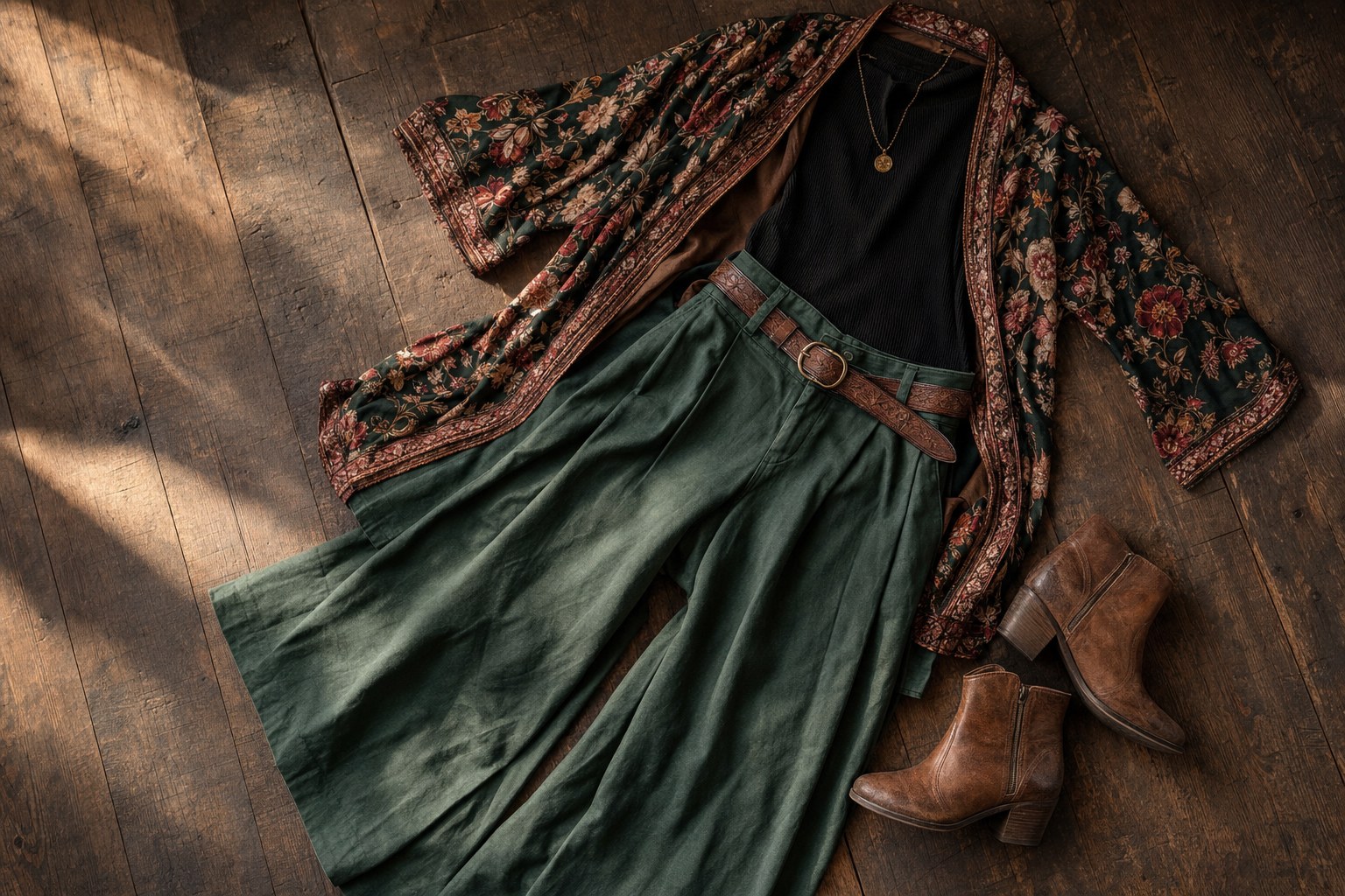 Deep green wide leg trousers styled with a fitted black knit, floral kimono layer, leather belt, and ankle boots