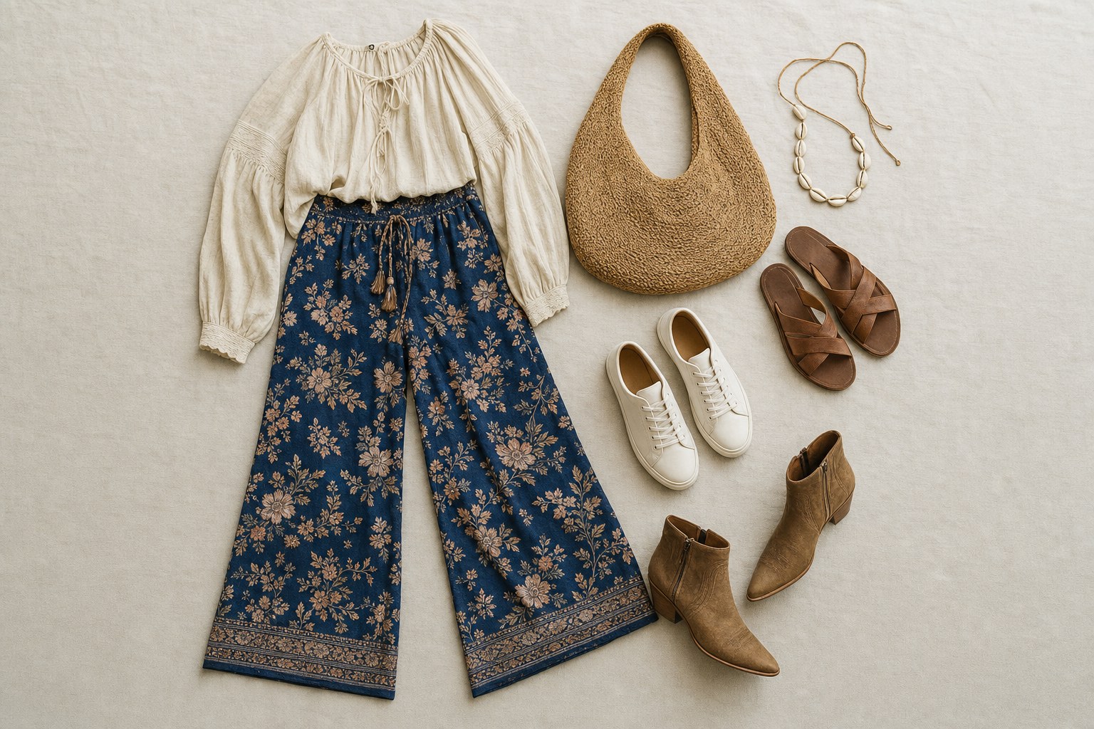 Indigo floral wide leg pants shown with leather sandals, white sneakers, ankle boots, a woven bag, and shell jewelry