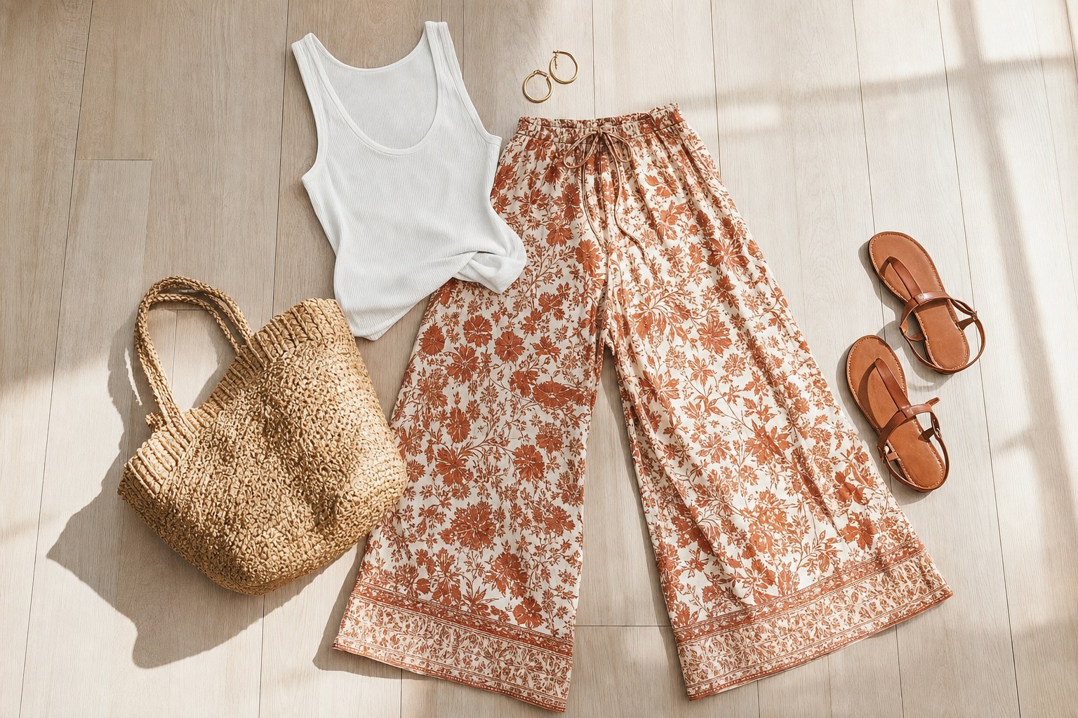 Cream floral wide leg pants styled with a white tank, woven tote, leather sandals, and gold hoops
