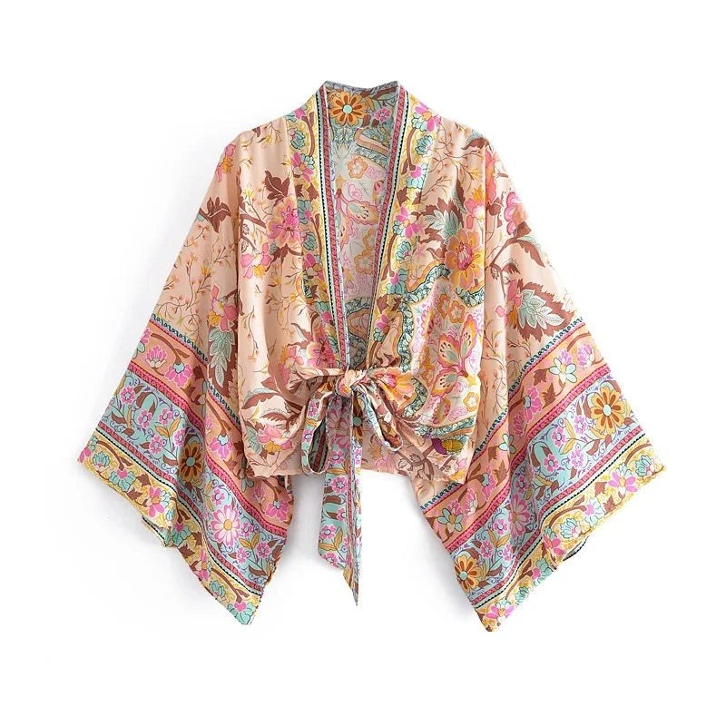 Floral bohemian kimono layer with sash detail