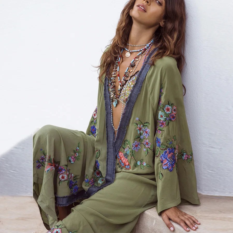 Light green embroidered kimono layer with a relaxed open-front shape