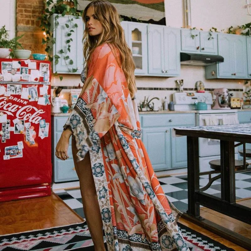 Pink boho print kimono beach cover-up with a lightweight flowing shape
