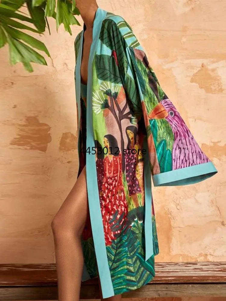 Long flowing kimono layer in a rich print