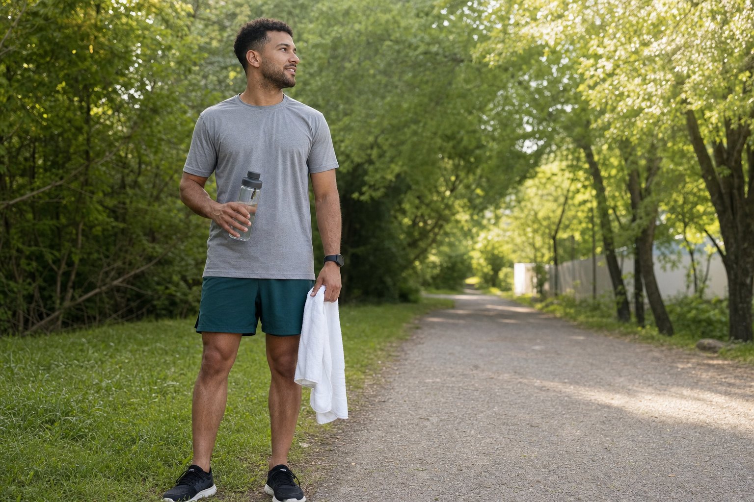Person holding a water bottle after an outdoor workout