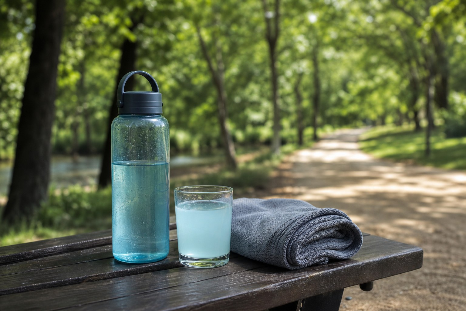 Water bottle, electrolyte drink, and towel on a bench beside a shaded park trail