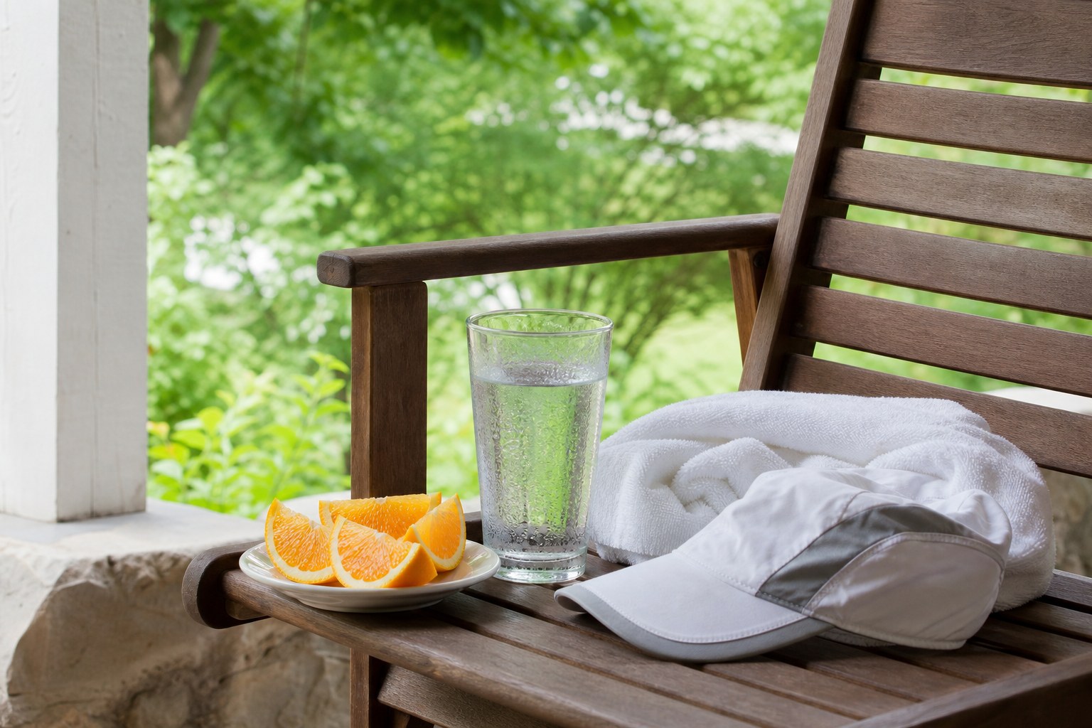 Water, orange slices, towel, and running cap on a shaded porch after outdoor exercise