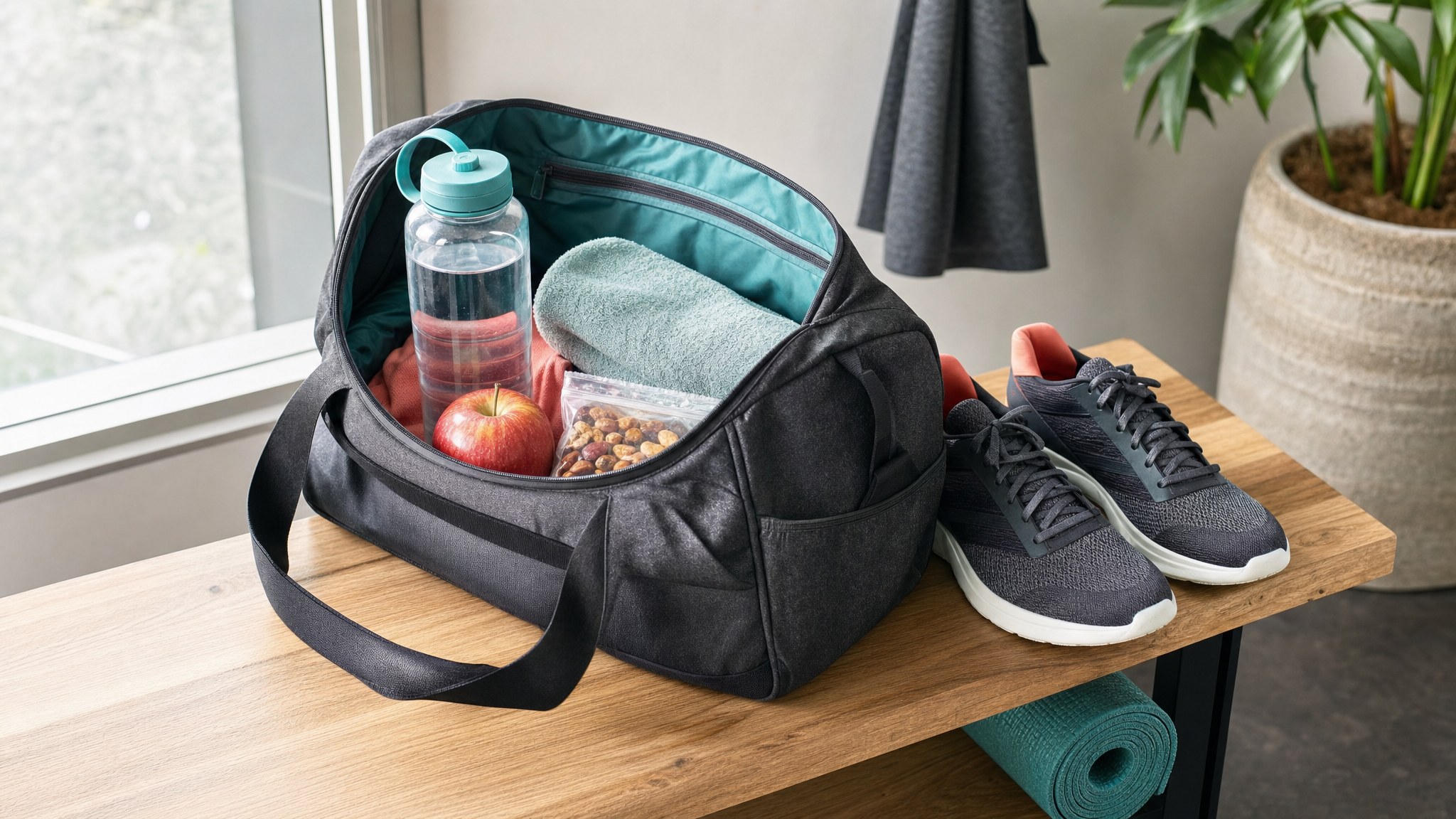 Open gym bag packed with a water bottle, towel, apple, snack, and running shoes