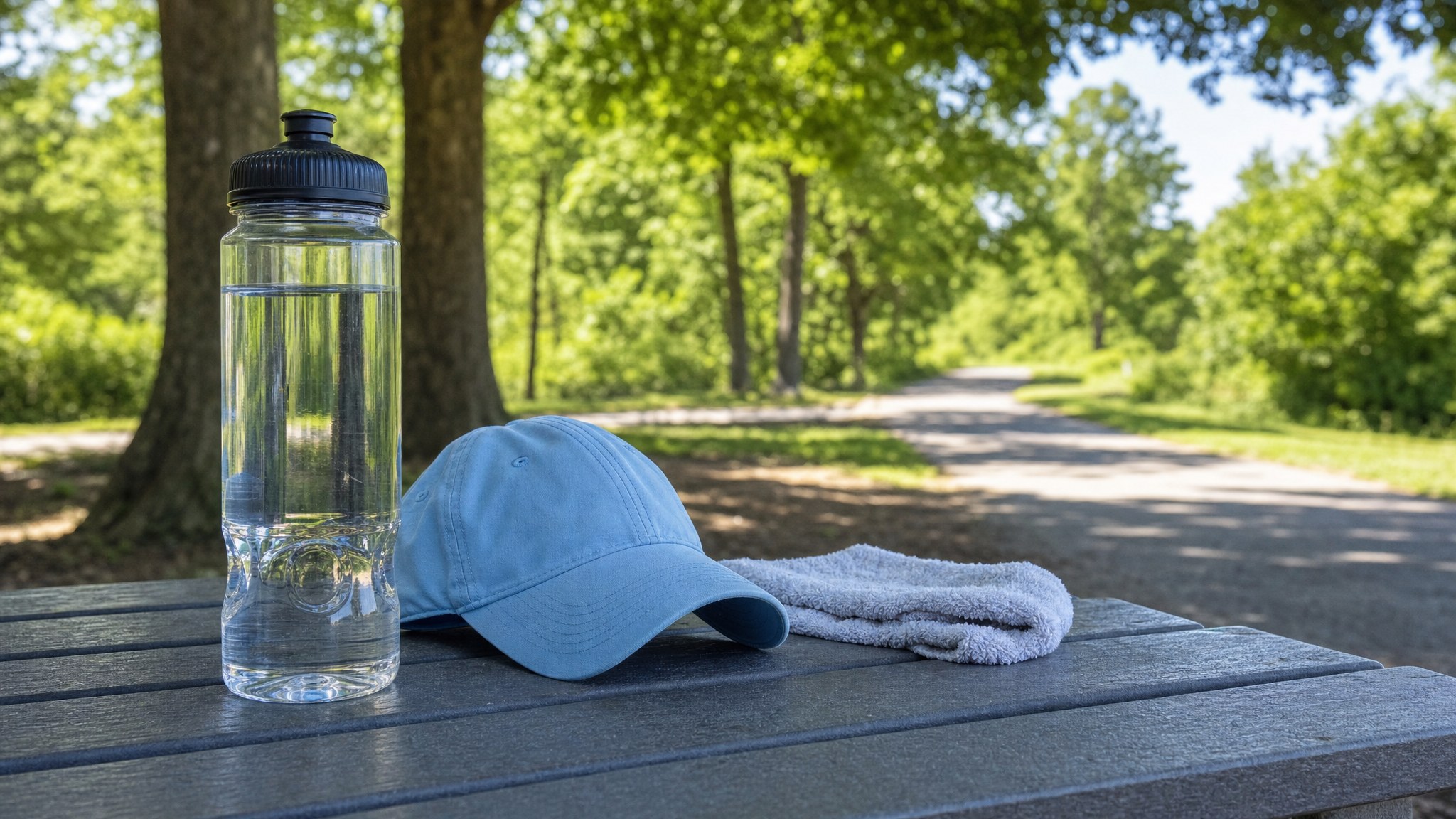 Water bottle, cap, and towel resting in shade beside a sunny park trail