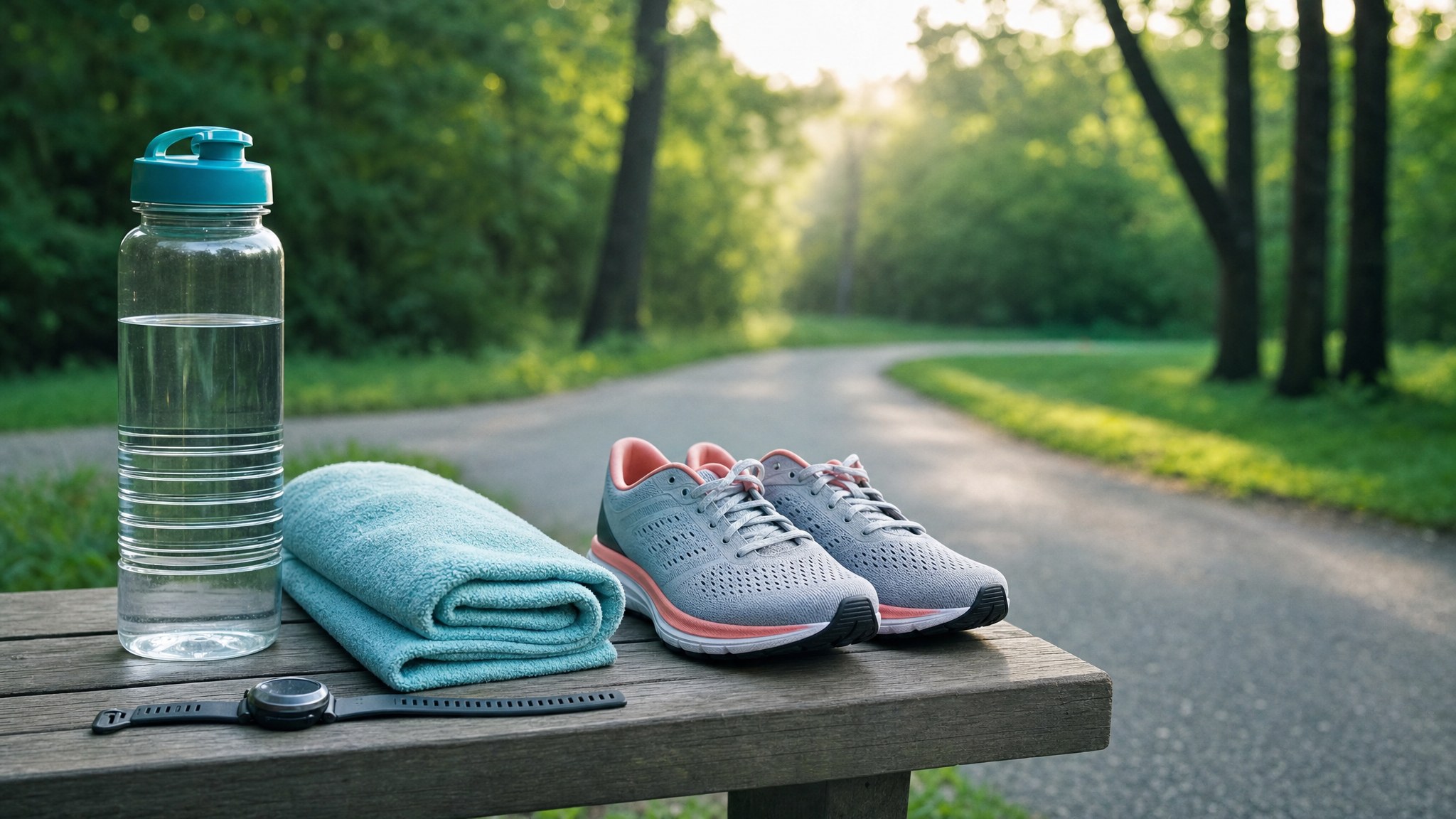 Water bottle, towel, running shoes, and watch ready for an early workout