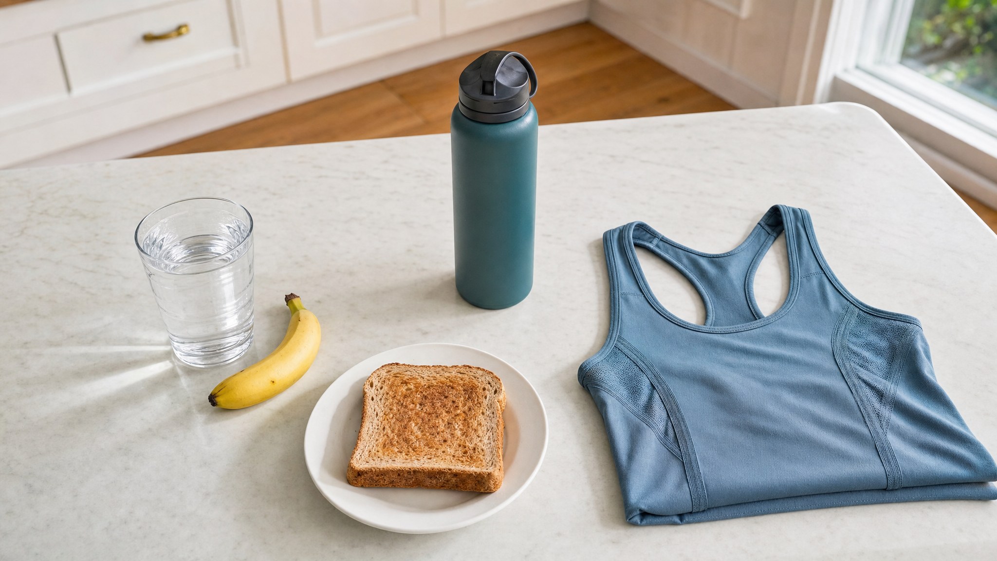 Water, a banana, toast, a reusable bottle, and workout clothes on a kitchen counter