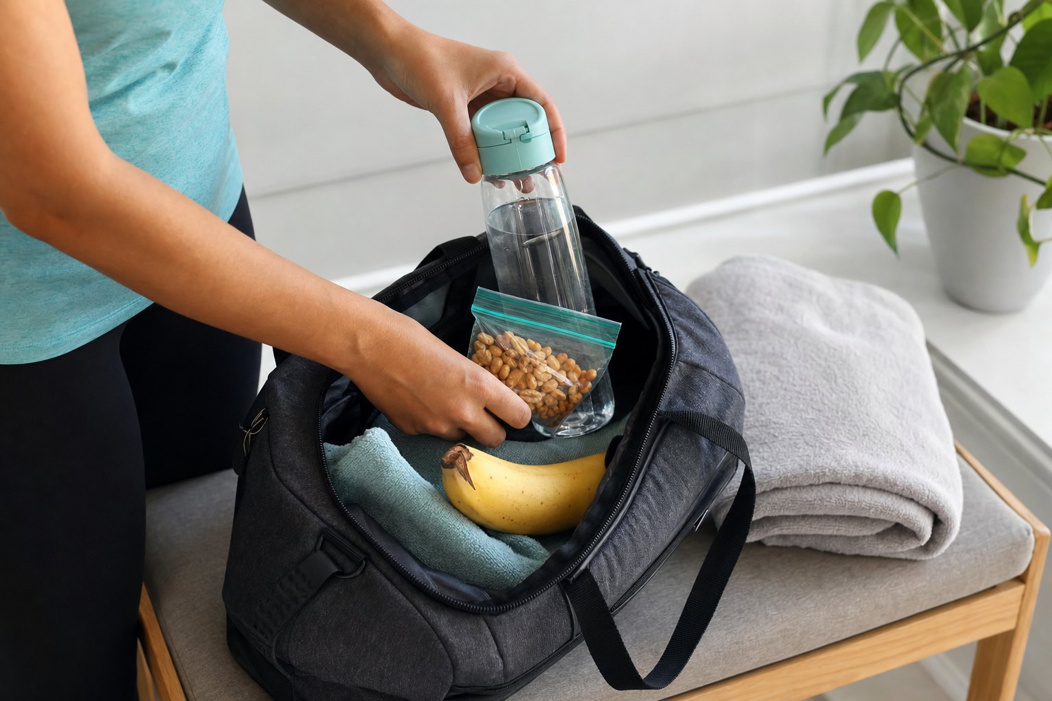 Person packing a water bottle, snack, banana, and towel into a gym bag