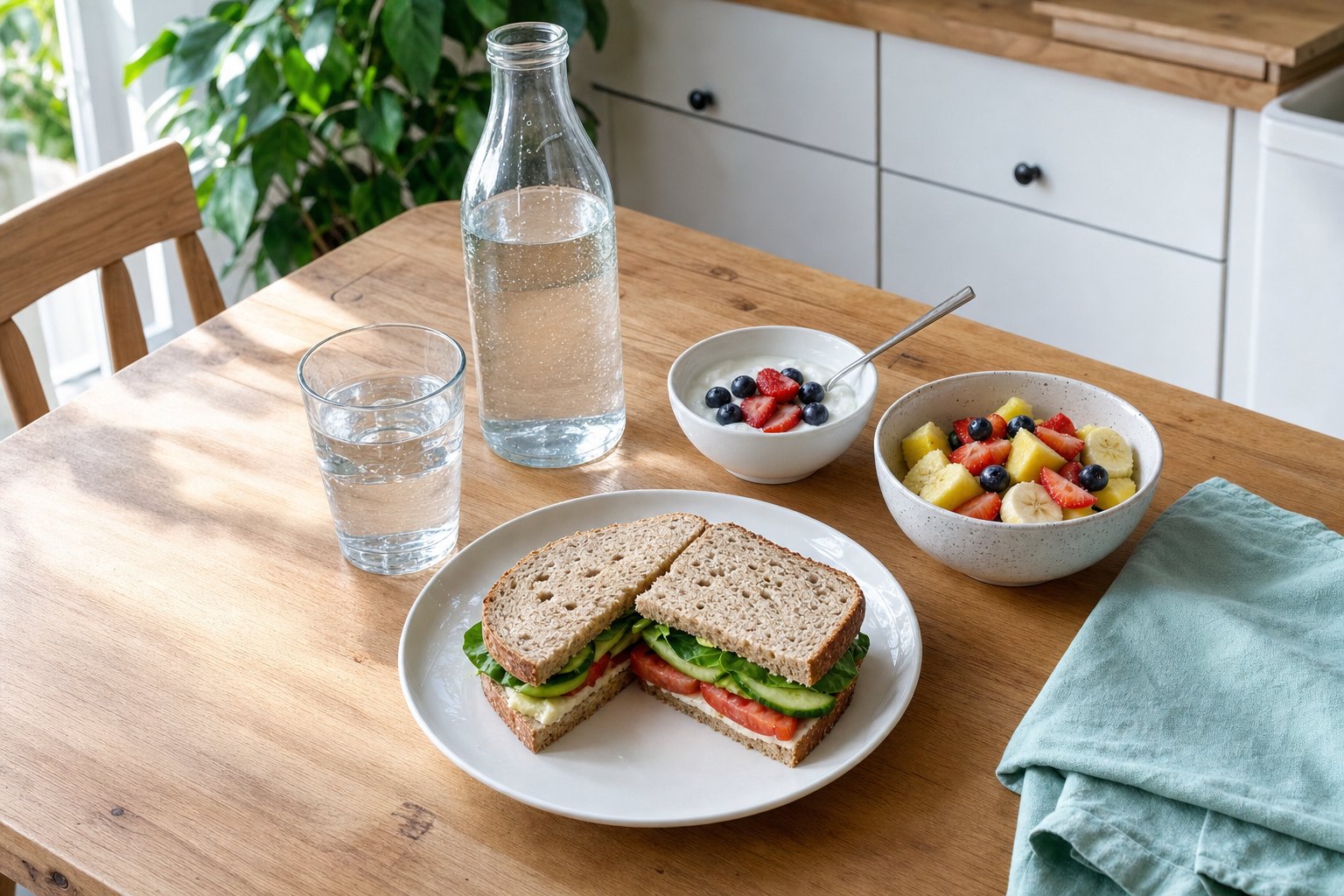 Water, yogurt, fruit, and a sandwich prepared for a post-workout meal