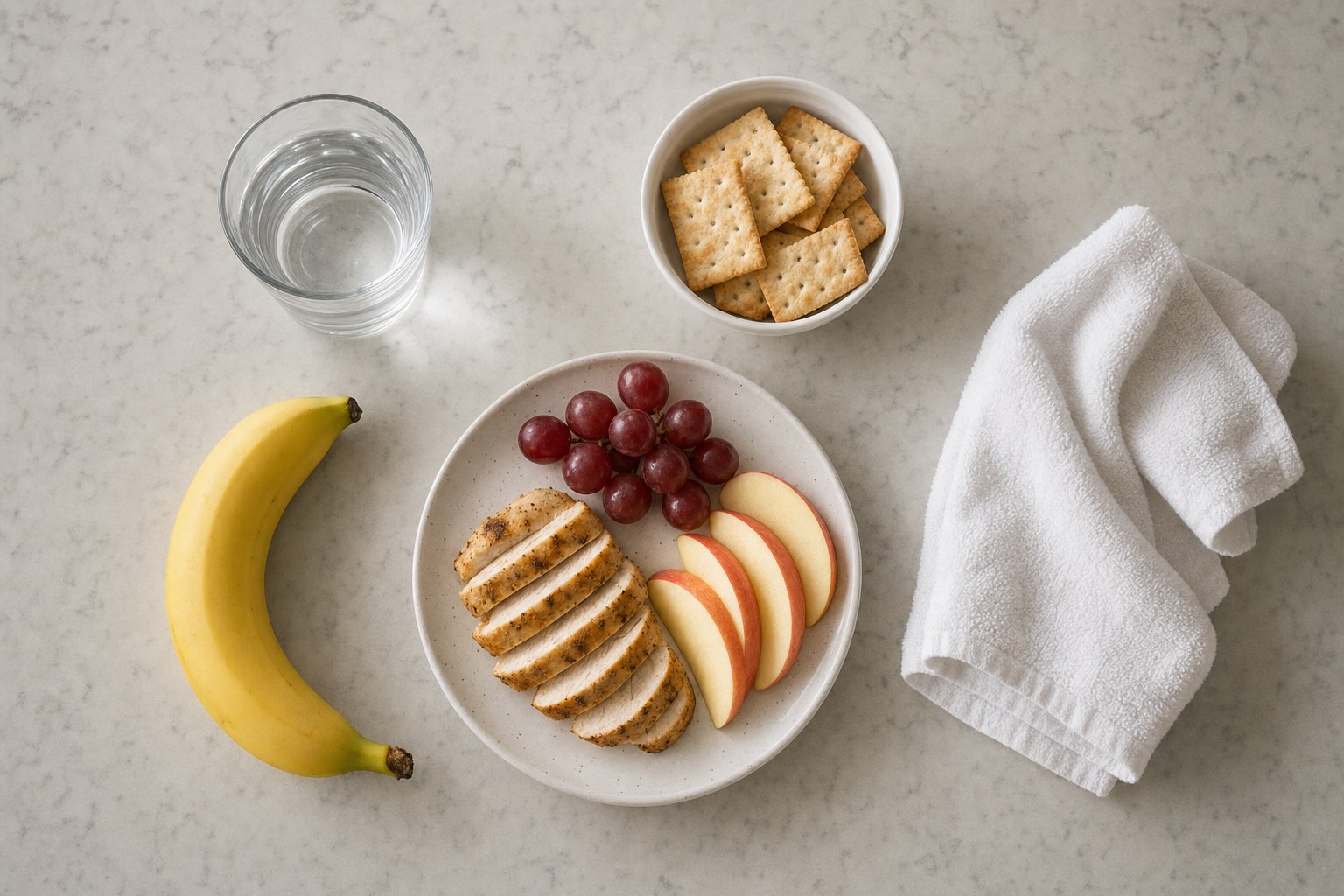 Water, fruit, a balanced snack, crackers, and a towel arranged for post-workout recovery