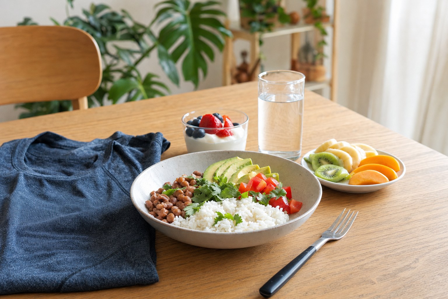 Rice, beans, fruit, yogurt, water, and workout clothes arranged for a post-workout meal