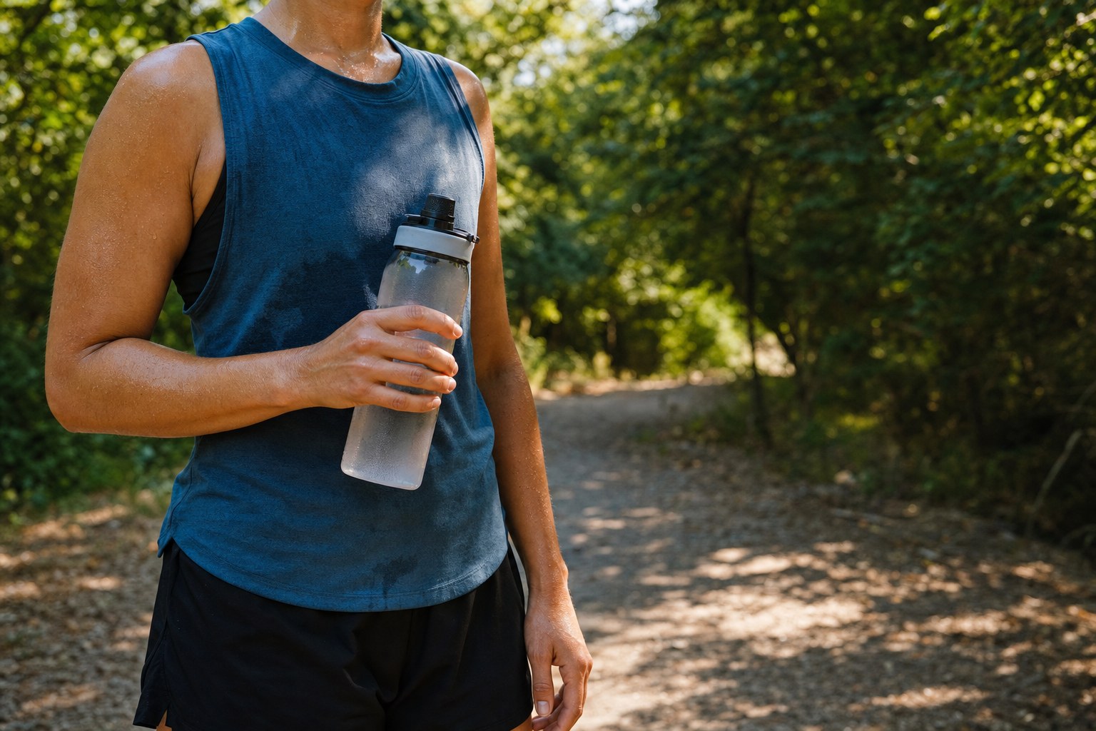 Runner holding a water bottle after exercising on a warm wooded trail