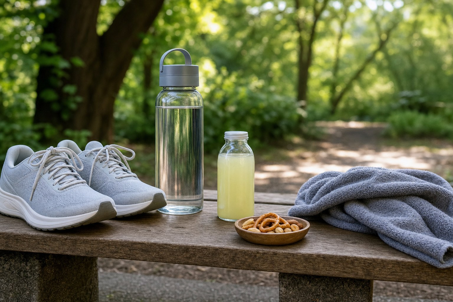 Water bottle, electrolyte drink, salted snack, running shoes, and towel after a workout