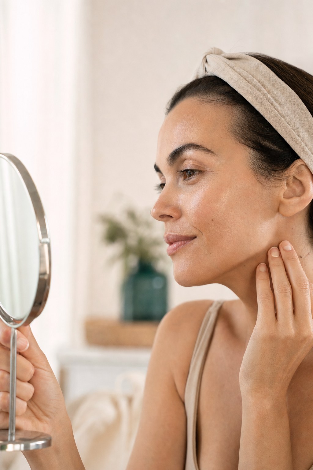 Woman looking in a mirror in a bright calm space