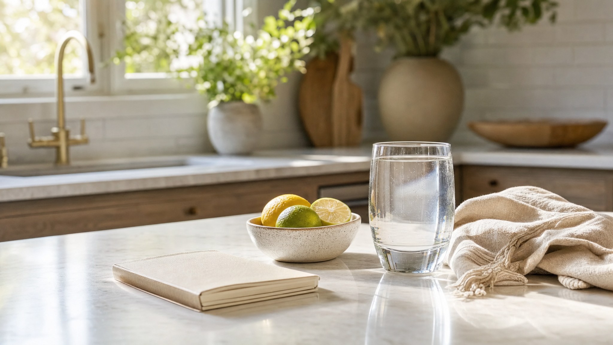 Glass of water, citrus, and a linen towel in a sunlit home kitchen