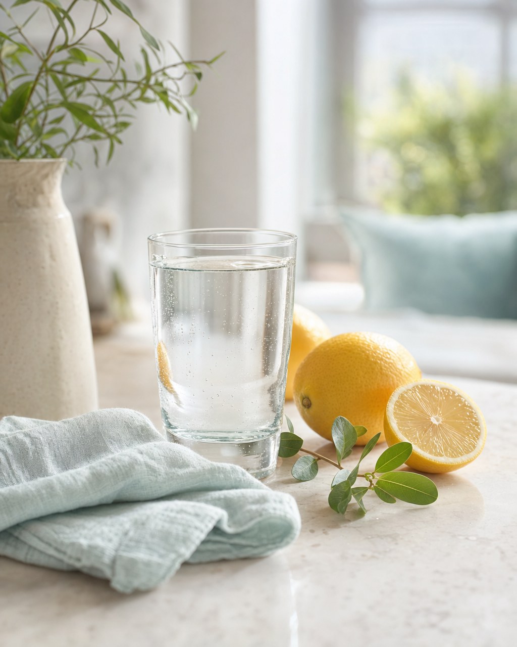 Glass of water, citrus, soft linen, and fresh greenery in a bright home