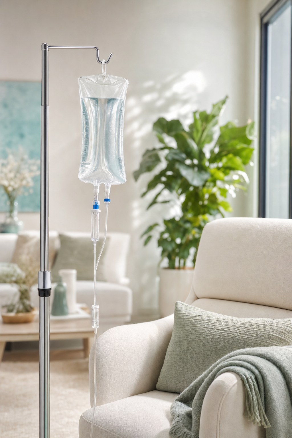 IV hydration setup in a calm home setting